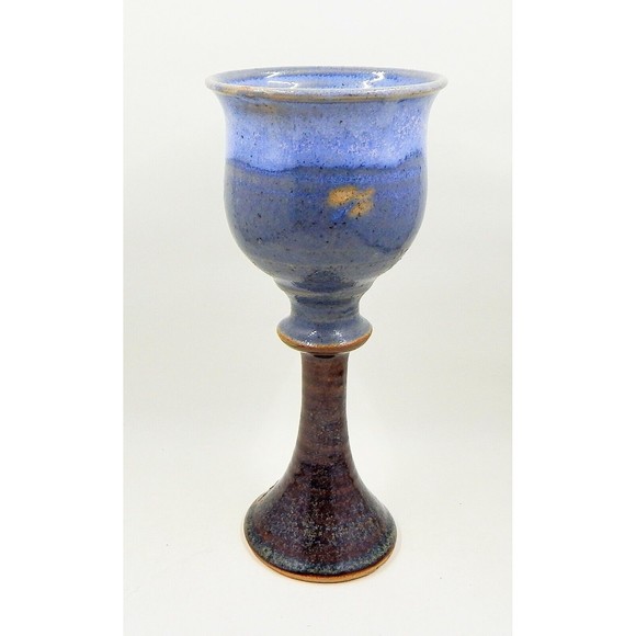 Stoneware Goblet Chalice Art Pottery Cobalt Blue Drip Glaze 8" - Picture 2 of 9